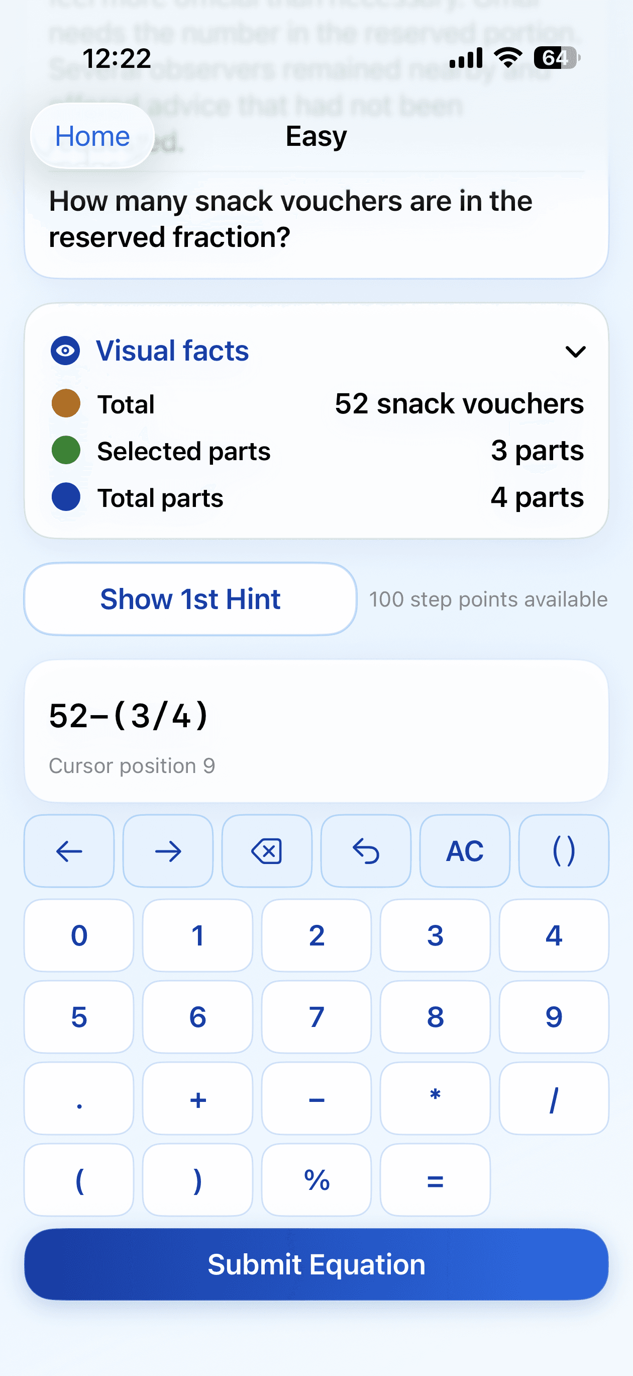 Hemispheres equation-building screen with visual facts, hints, and an integrated calculator.
