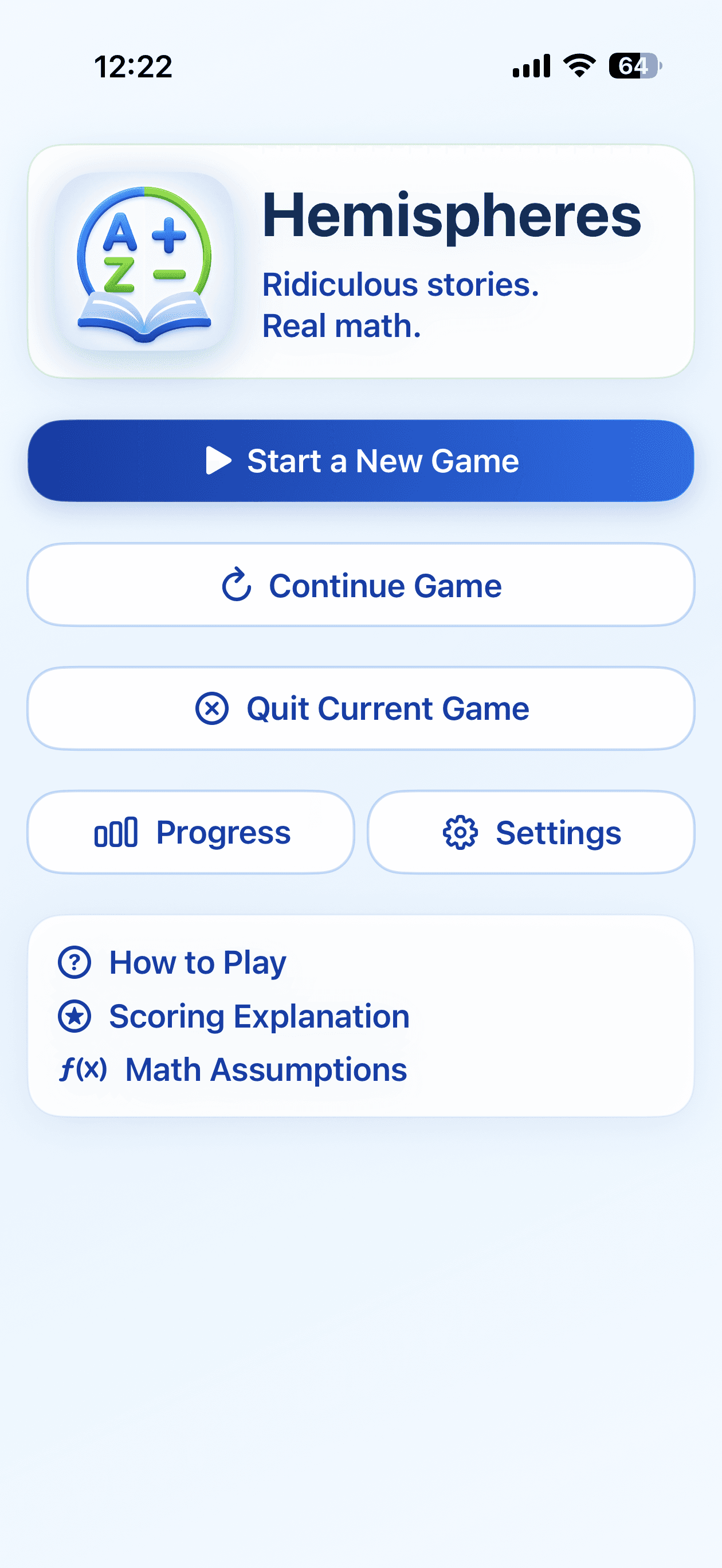 Hemispheres home screen with options to start or continue a game, review progress, and adjust settings.
