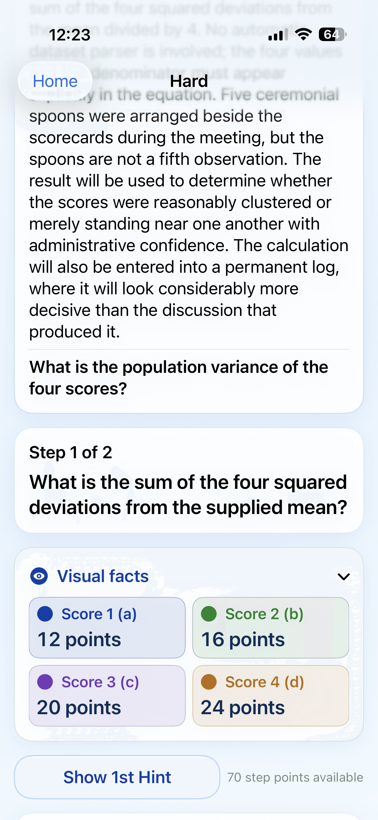 Hemispheres multi-step problem screen with visual facts and a prompt about squared deviations.