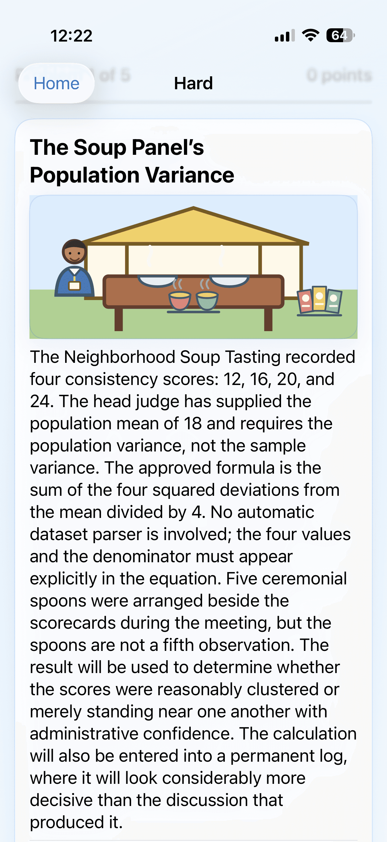 Hemispheres hard-level story problem about population variance with an illustrated soup-tasting scene.