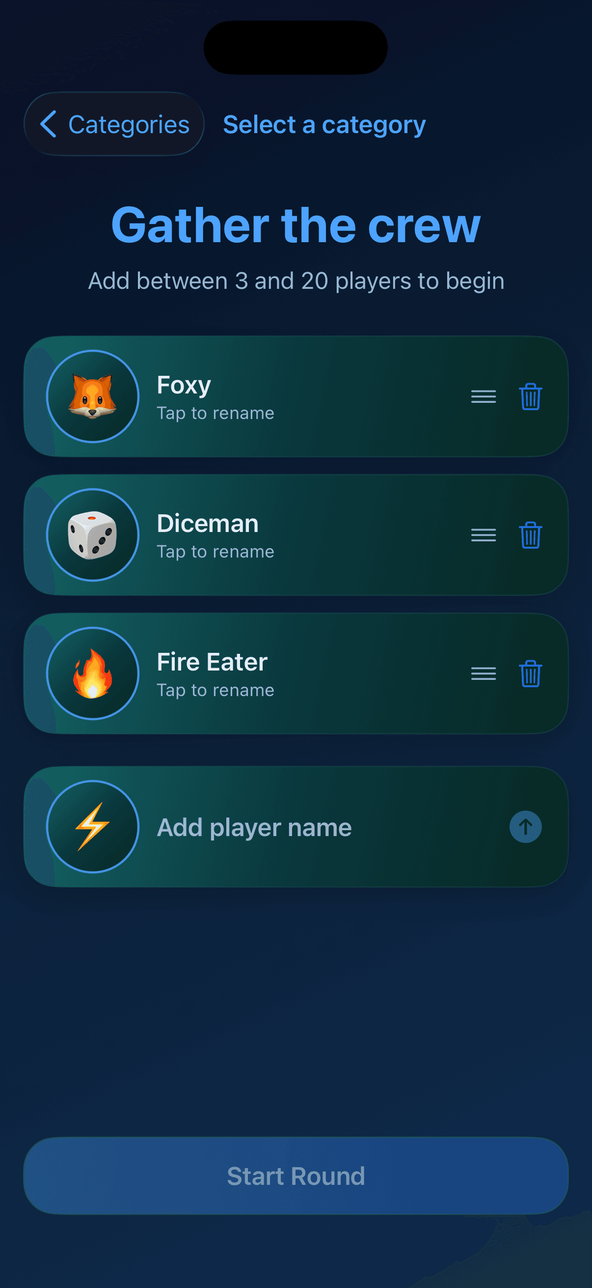 Oddball player setup screen with a three-player roster and an add-player field.