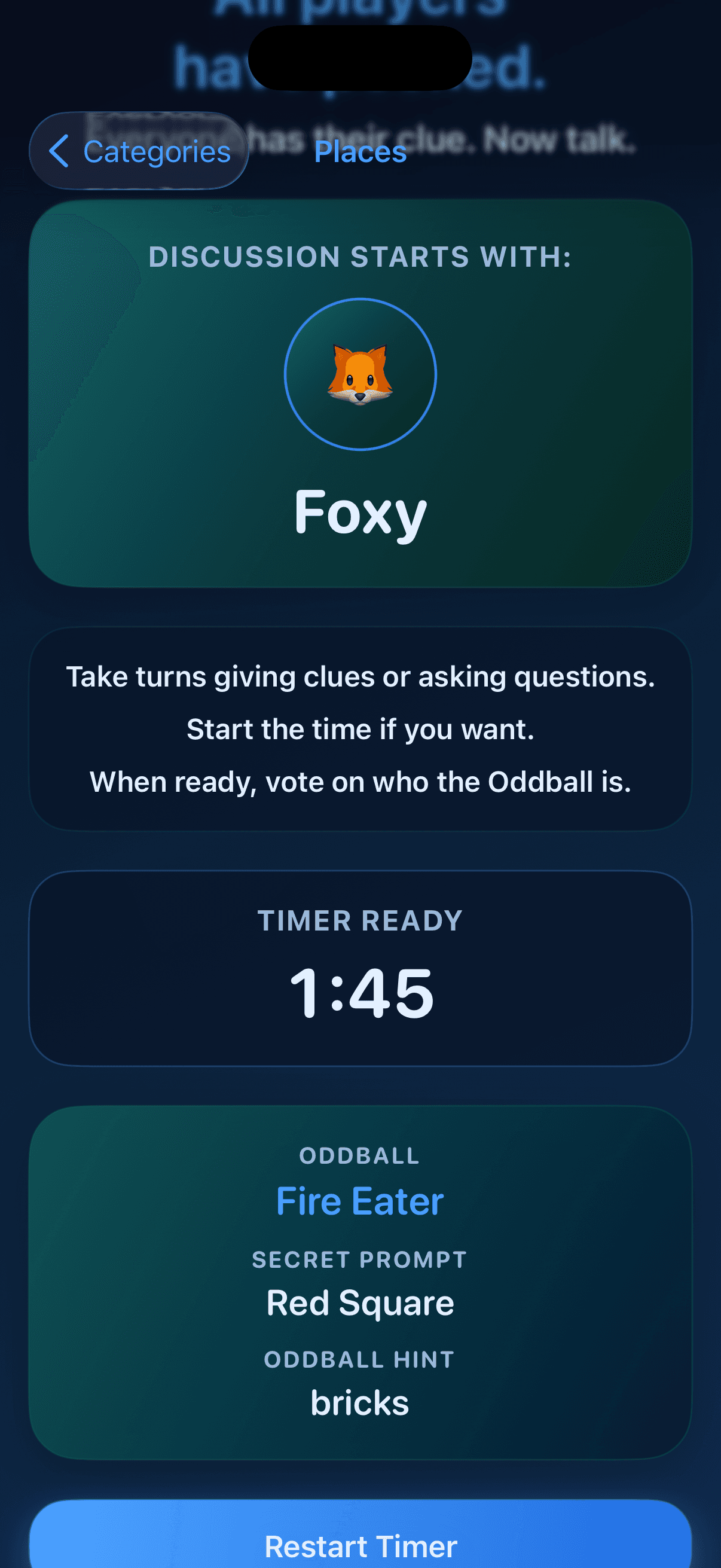 Oddball reveal screen showing the shared prompt, secret prompt, hint, and timer.
