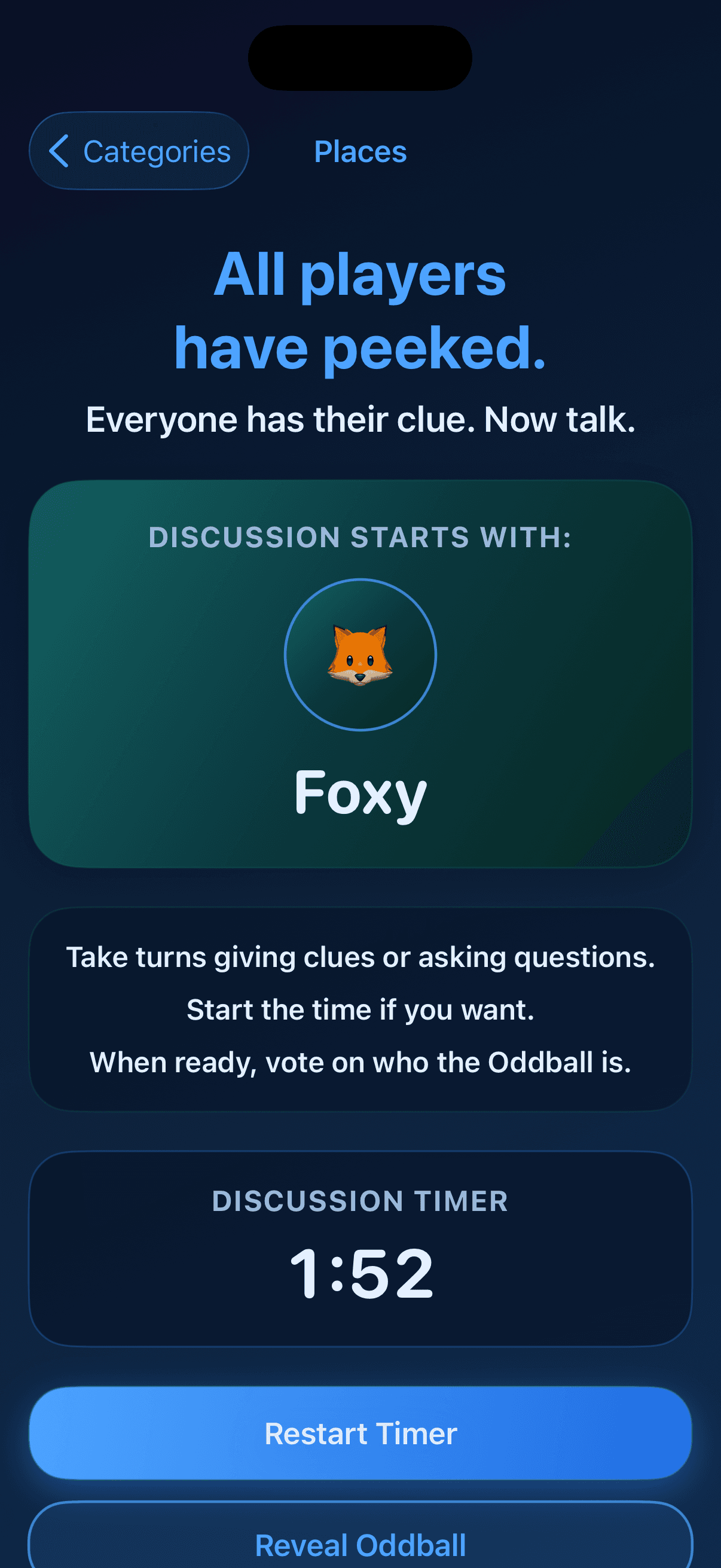 Oddball discussion screen with a starting player, instructions, and discussion timer controls.