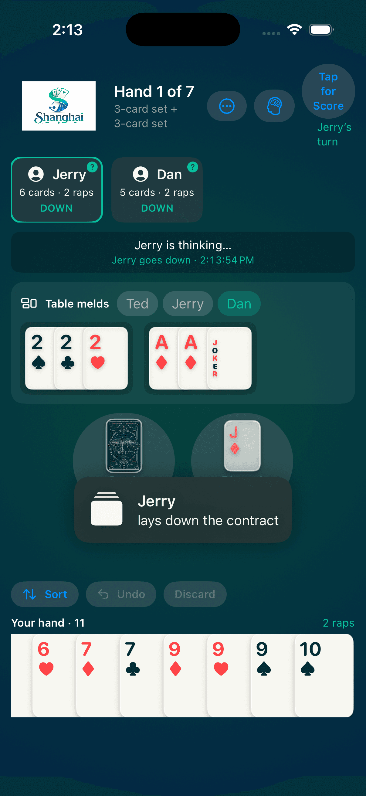 Shanghai gameplay screen showing Hand 1 of 7, table melds, stock, discard, and the human hand.