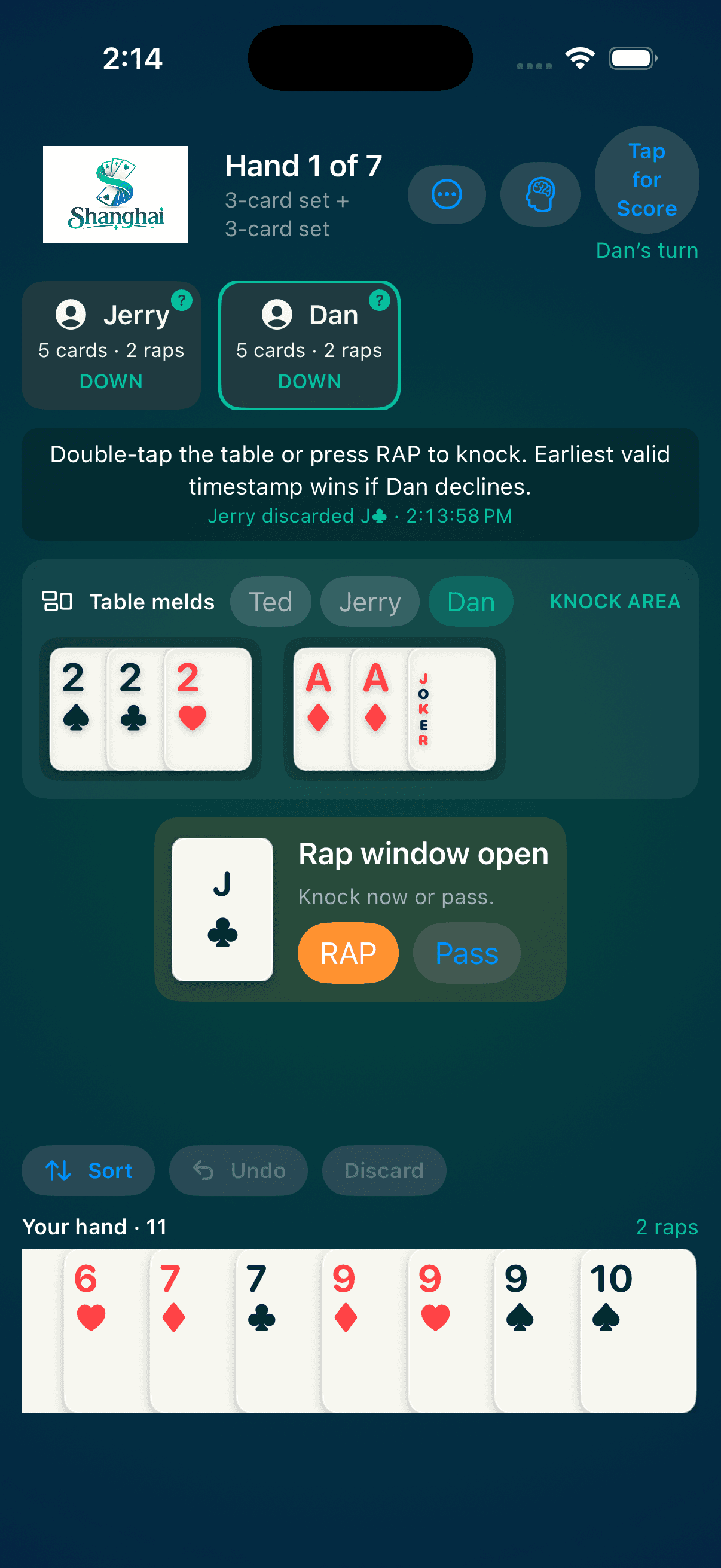Shanghai rap window showing a jack of clubs discard with Rap and Pass controls.