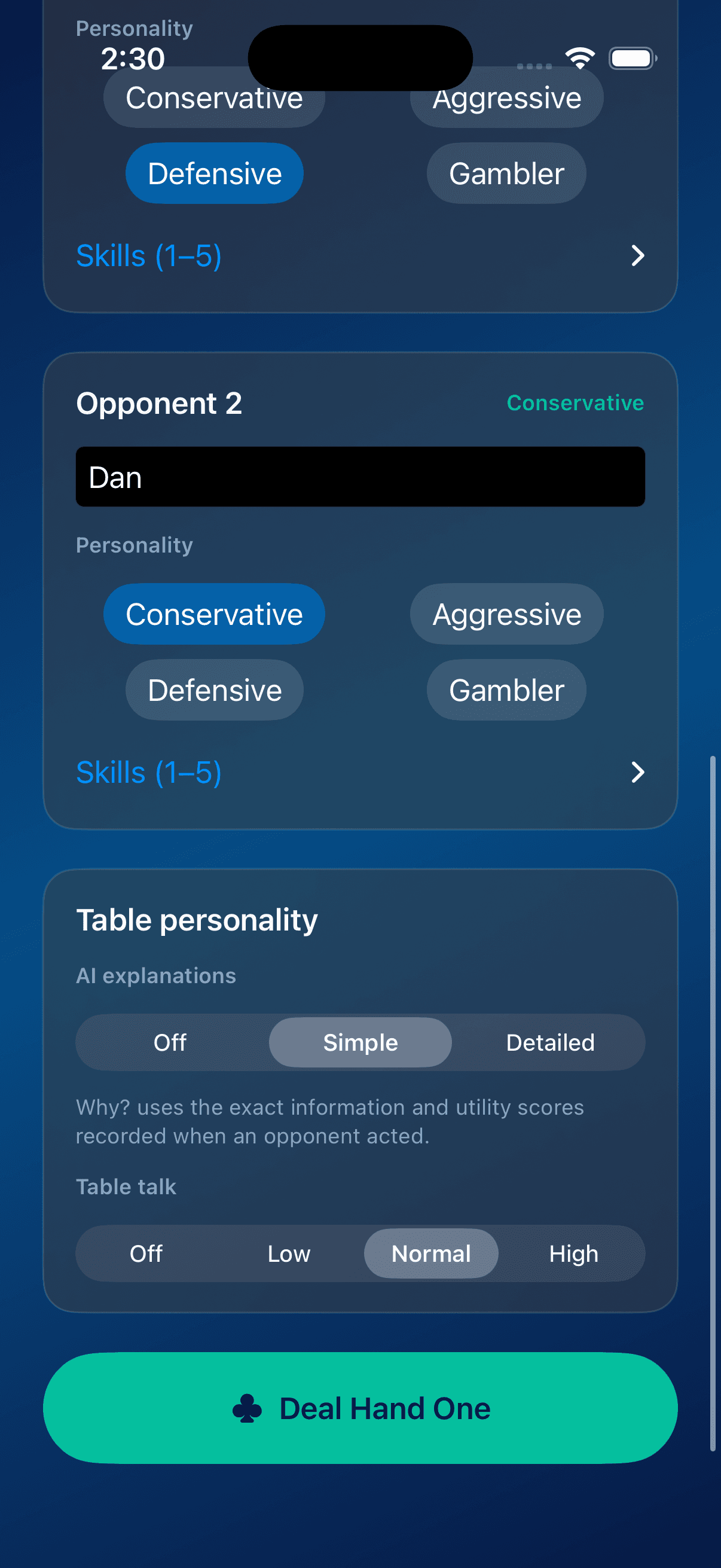 Shanghai opponent customization screen showing personality choices, AI explanation detail, table talk level, and the Deal Hand One control.