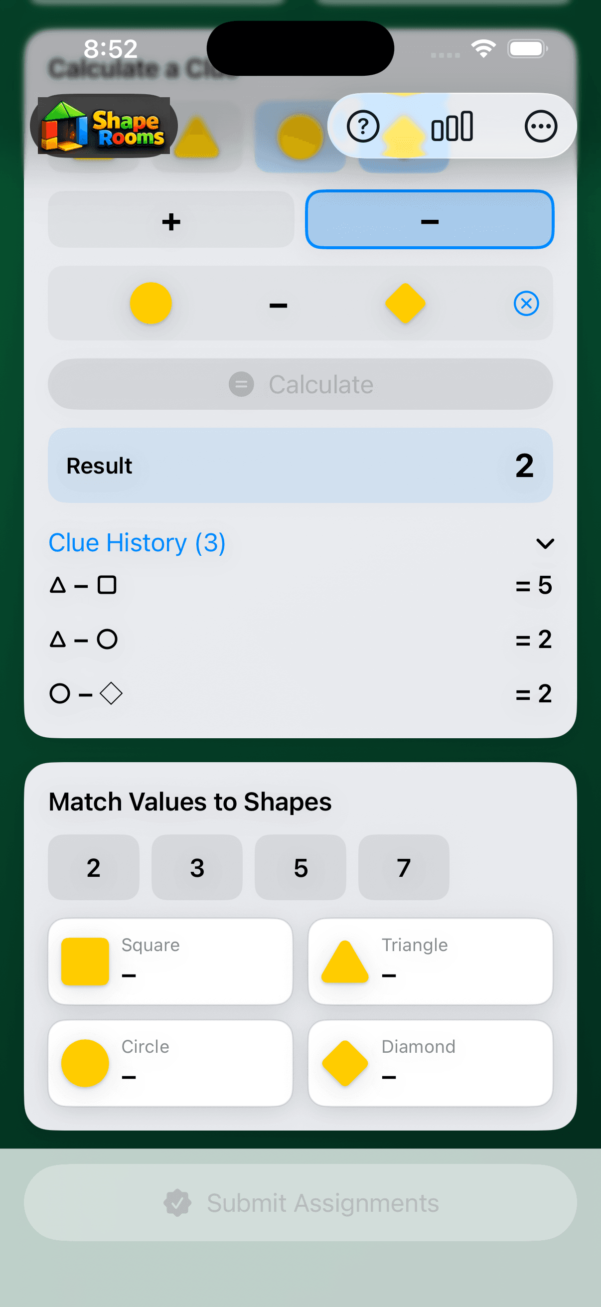 Shape Rooms showing a calculated result and a history of three arithmetic clues.