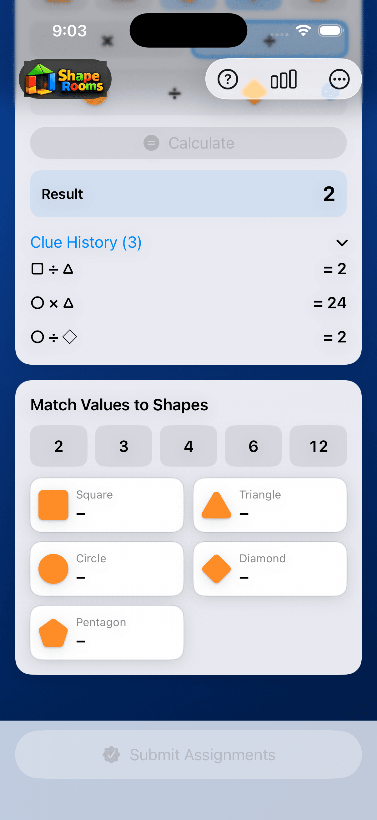 Shape Rooms Level 2 Blue Room with five shapes and multiplication and division clues.