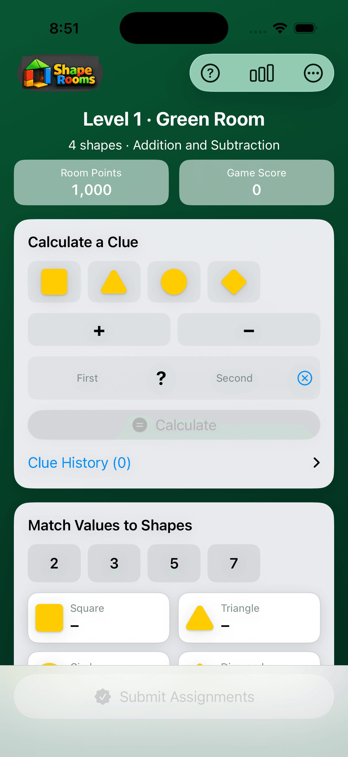 Shape Rooms Level 1 Green Room with four hidden shapes, addition and subtraction operators, and four candidate values.
