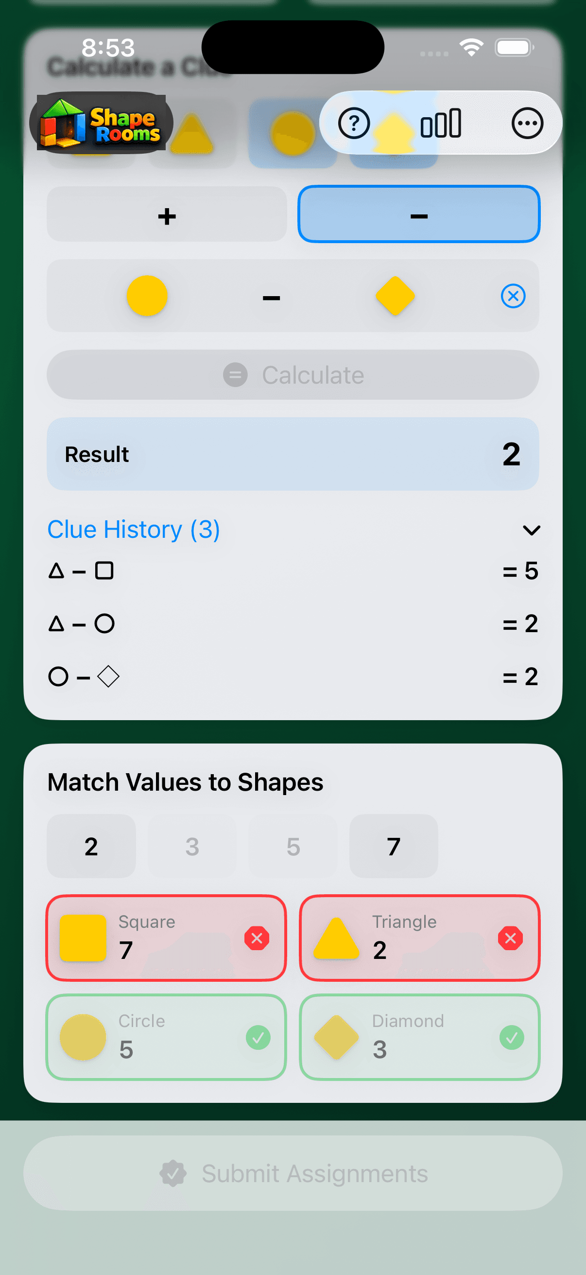 Shape Rooms showing correct matches in green and incorrect matches in red.