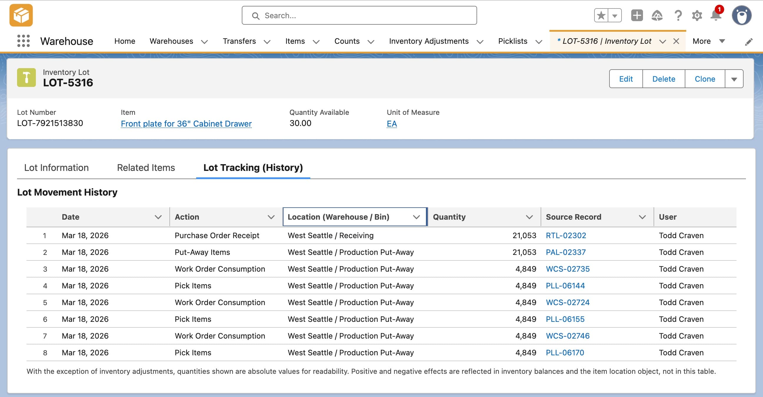 BottomLine ERP inventory lot page showing movement history, quantities, locations, and source records.