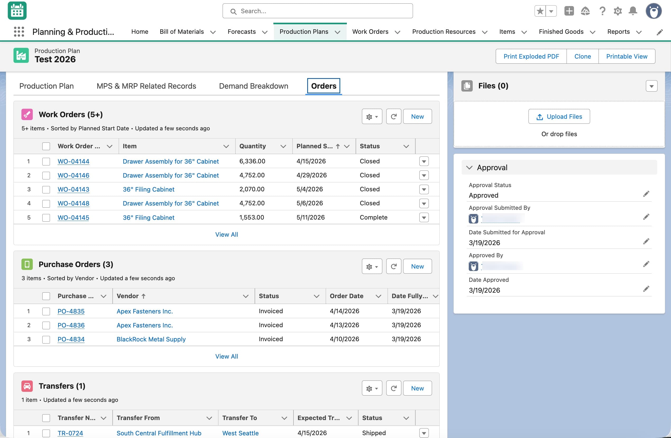 BottomLine ERP production plan showing connected work orders, purchase orders, transfers, files, and approval information.