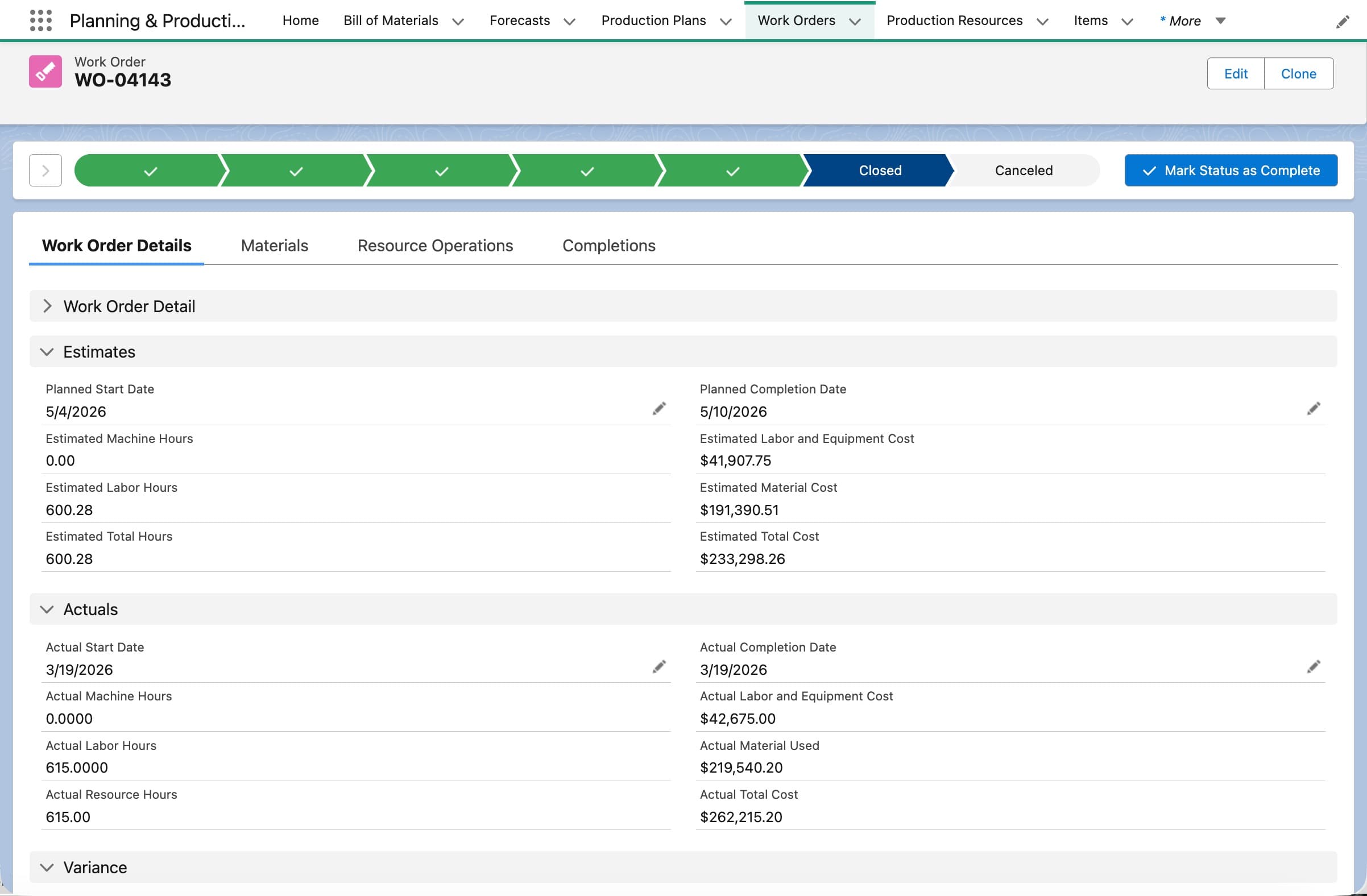 BottomLine ERP work order page comparing estimated and actual labor, material, and total costs.